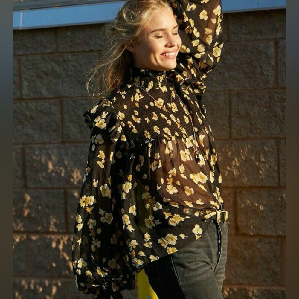 Floral Black and Yellow Sheer Women's Blouse